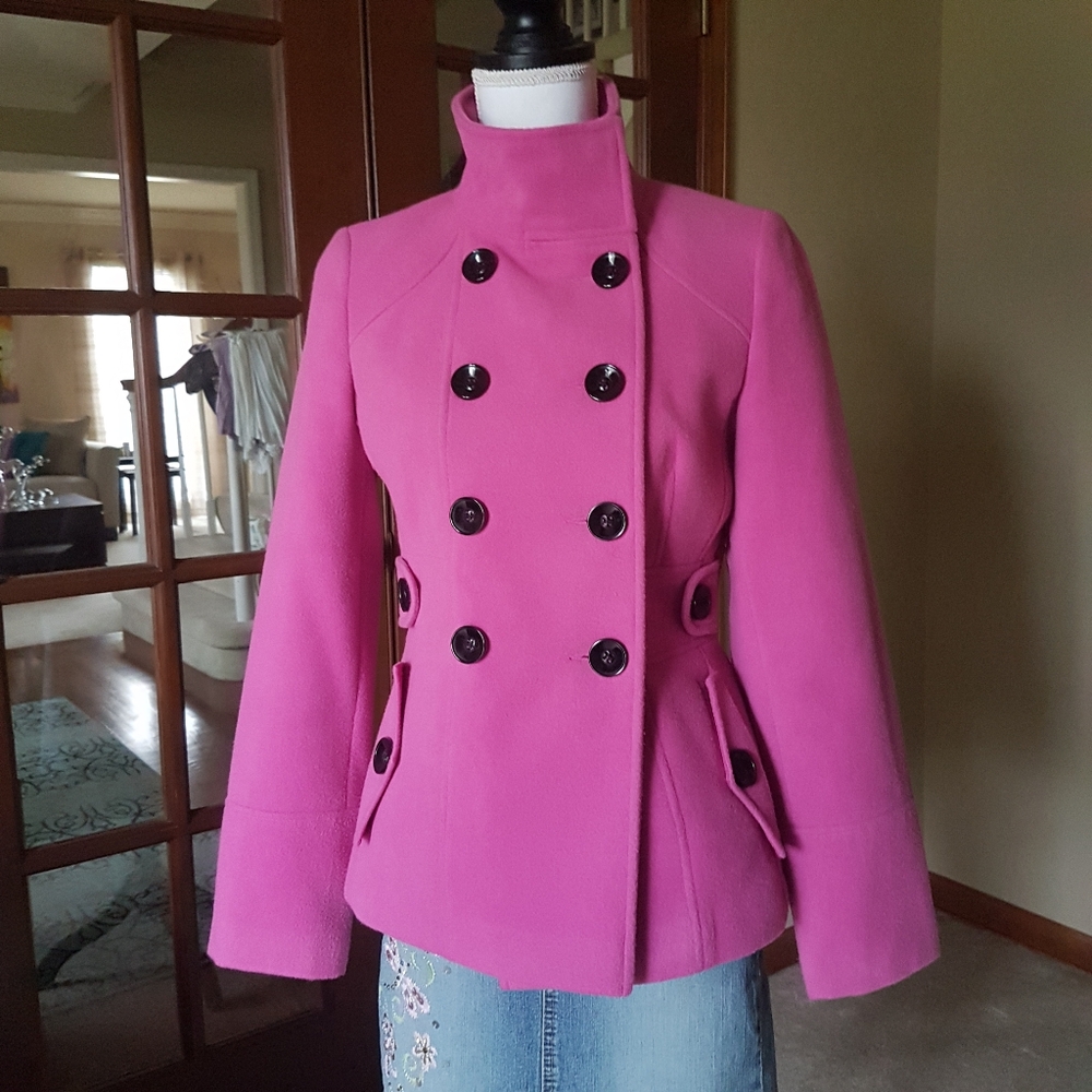 Fuchsia Pink Double Breasted Pea Coat with Black Buttons from London - Picture 12 of 17